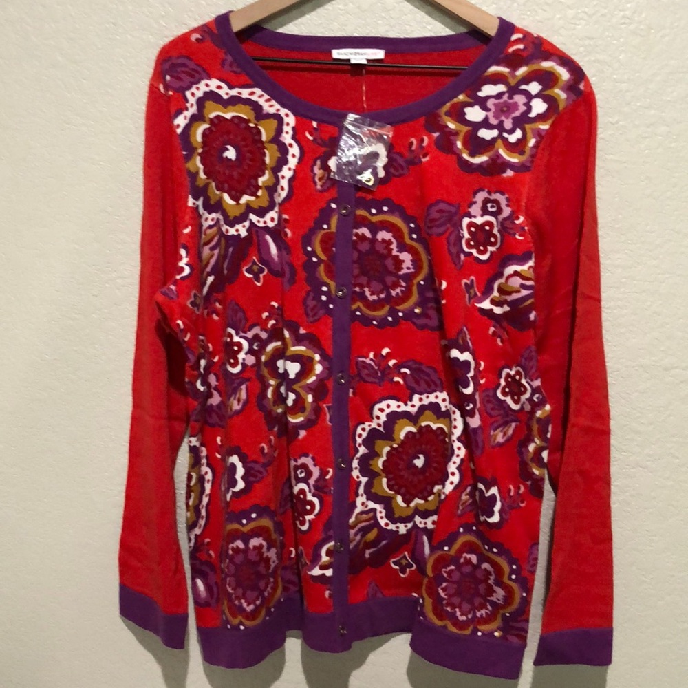 Isaac Mizrahi Live Red Cardigan Purple Florals 1X